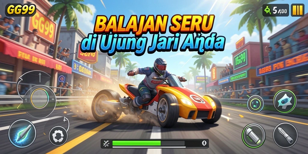 Screenshot GG99 memperlihatkan aksi balapan yang seru dan mobil yang cepat.